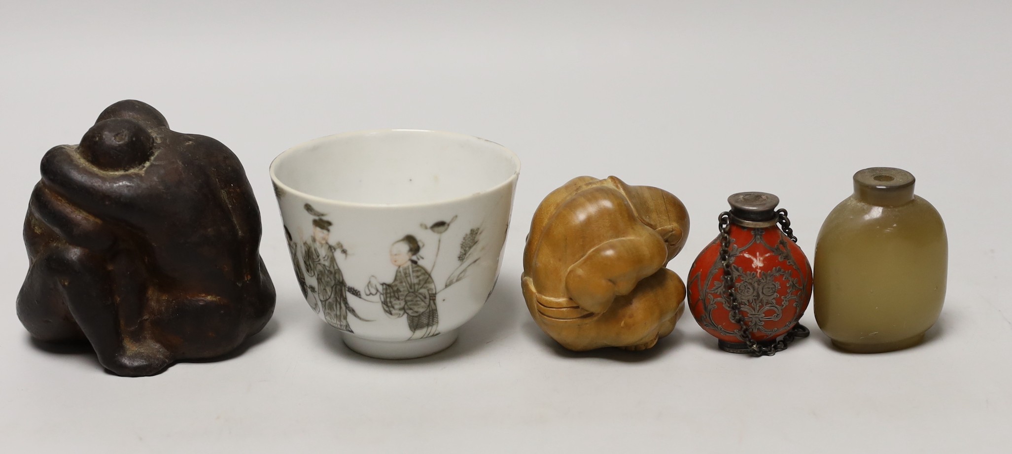 A 19th century Chinese enamelled porcelain cup, two carvings and two scent bottles